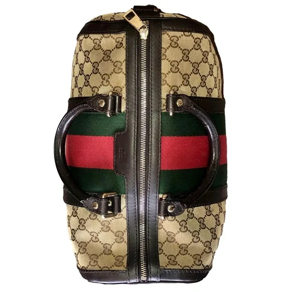GUCCI GG Beige and Brown Boston Duffel Bag with Red and Green Sherryline Stripes - Picture 4 of 17